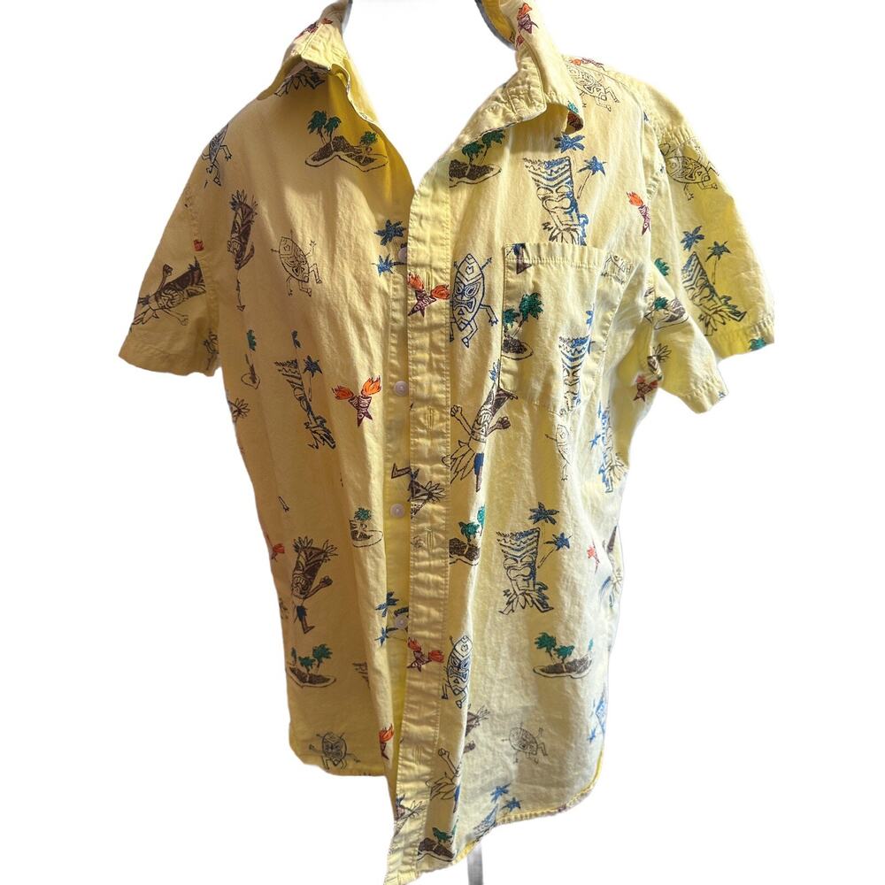 Men’s Hang Ten Yellow Tiki Hawaiian Shirt Sz Large